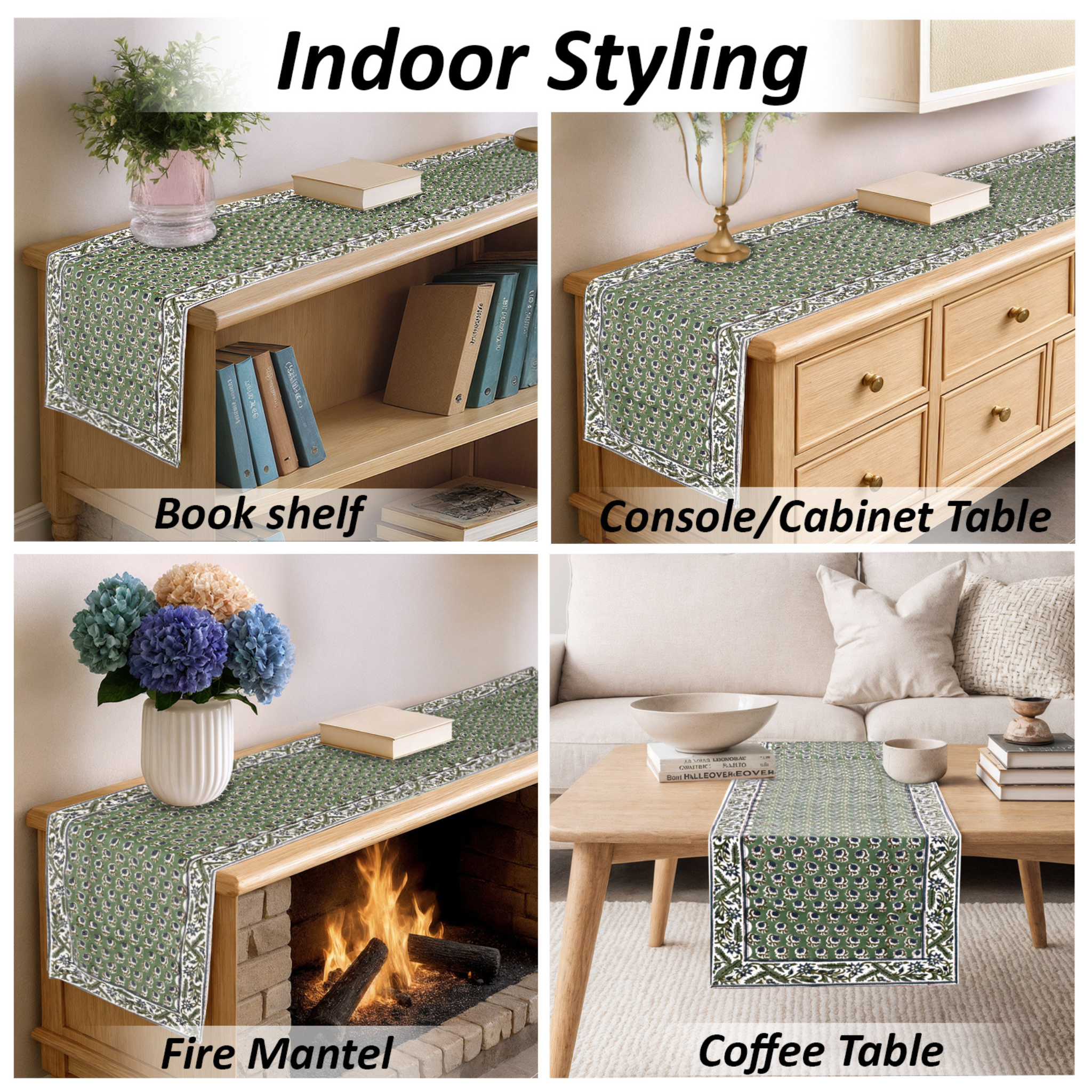 Green patterned table runner displayed on various furniture items with text 'Indoor Styling'.