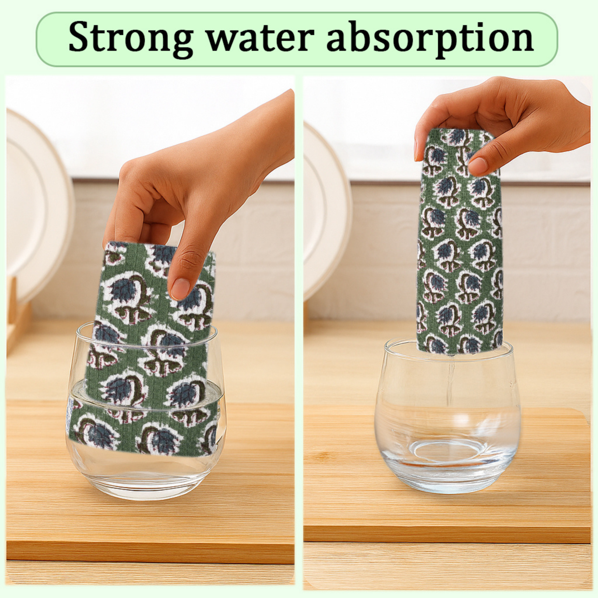 Hand holding a patterned dish cloth over a glass with text 'Strong water absorption'.