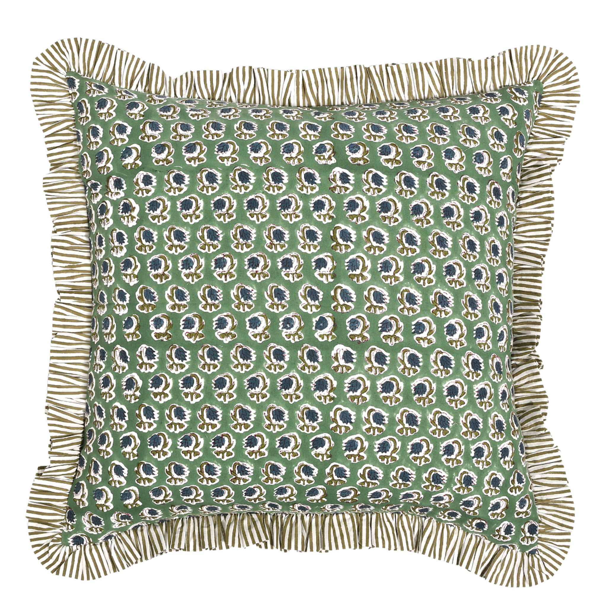 Decorative pillow with a green patterned cover and ruffled edge on a white background