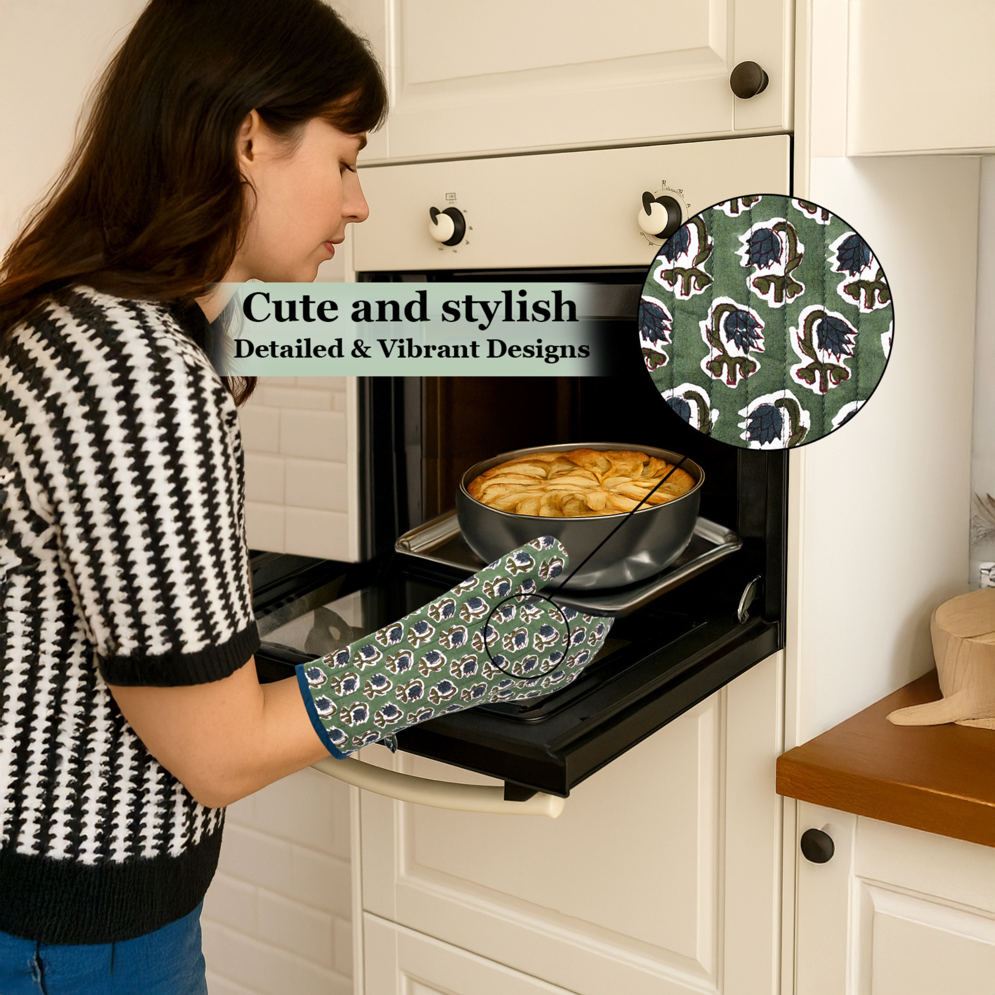 Woman in a kitchen wearing patterned oven mitts, with a close-up of the mitts' design.