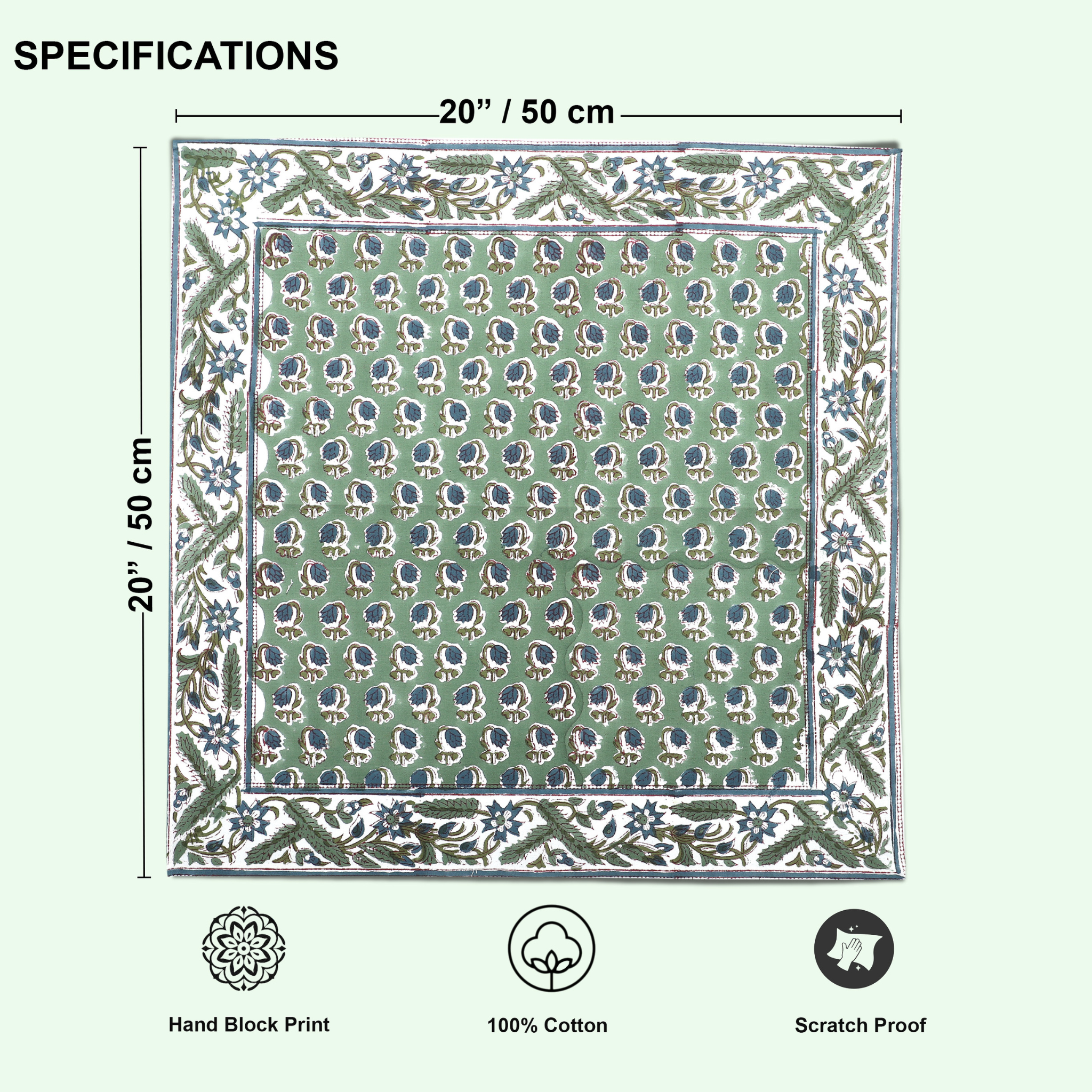 Patterned fabric square with dimensions and product features on a white background