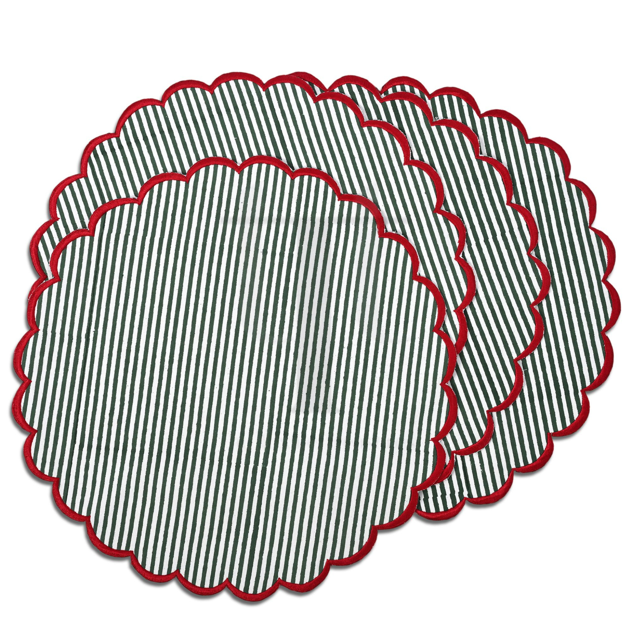 Set of round placemats with black and white striped pattern and red scalloped edge on a white background
