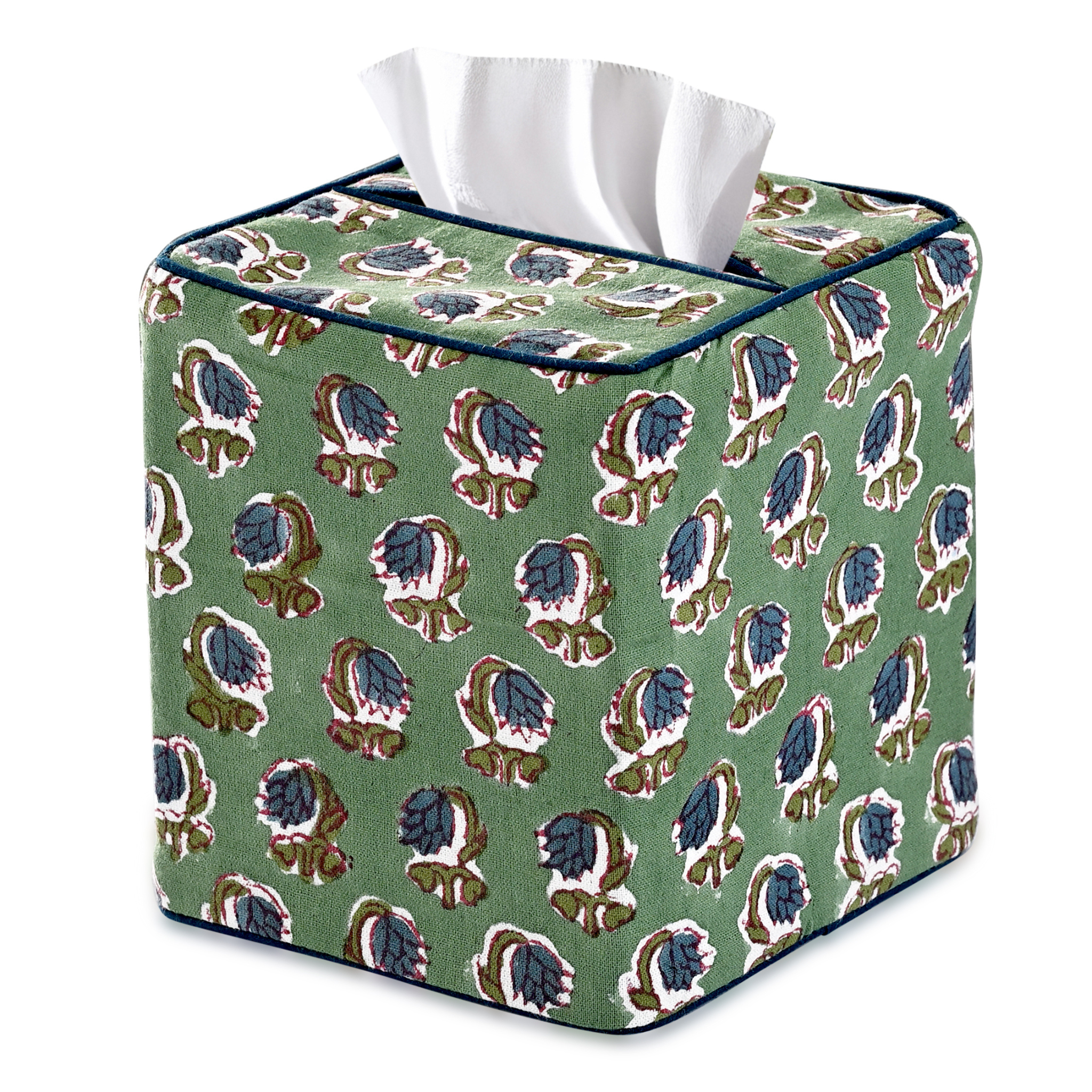 Tissue box cover with floral pattern on a green background