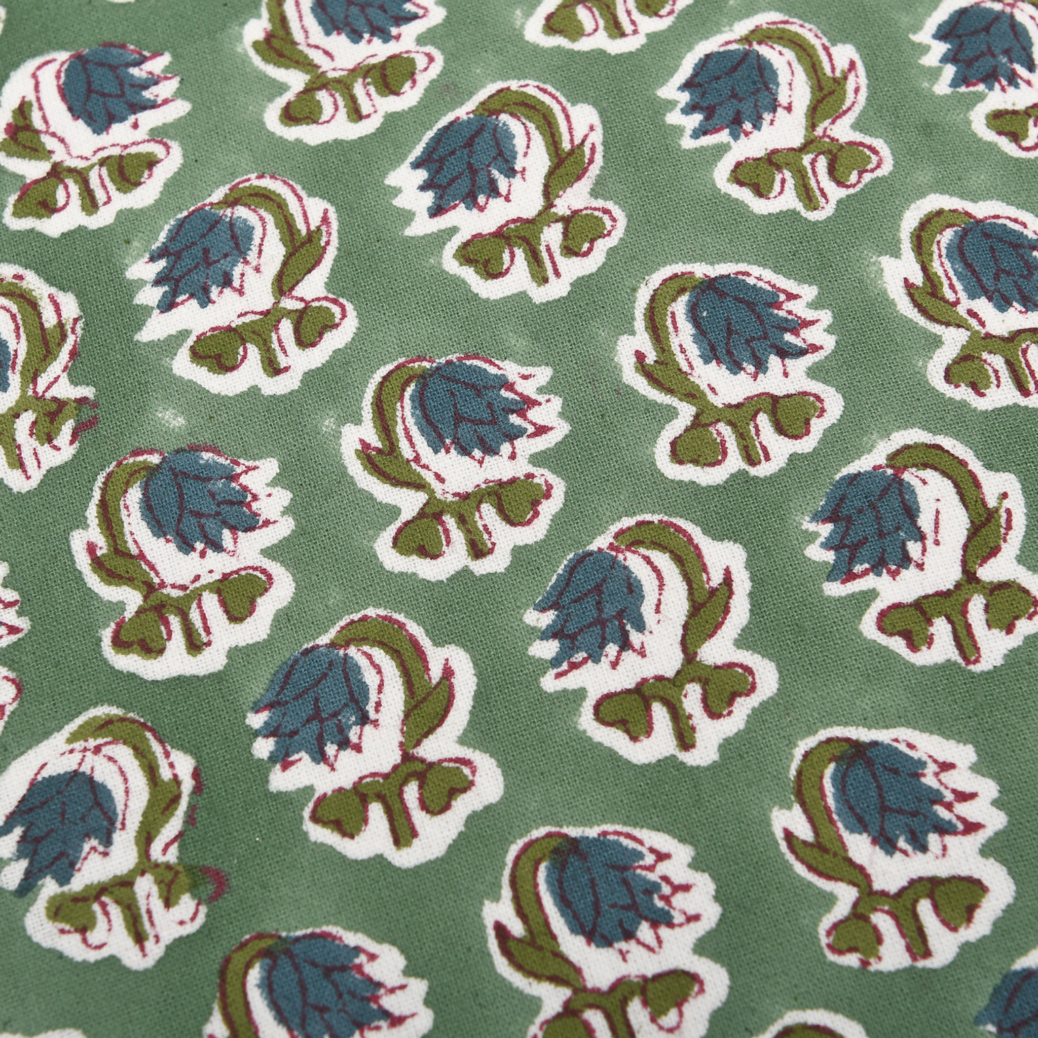 Blue floral Indian hand block print cotton fabric pattern close-up.