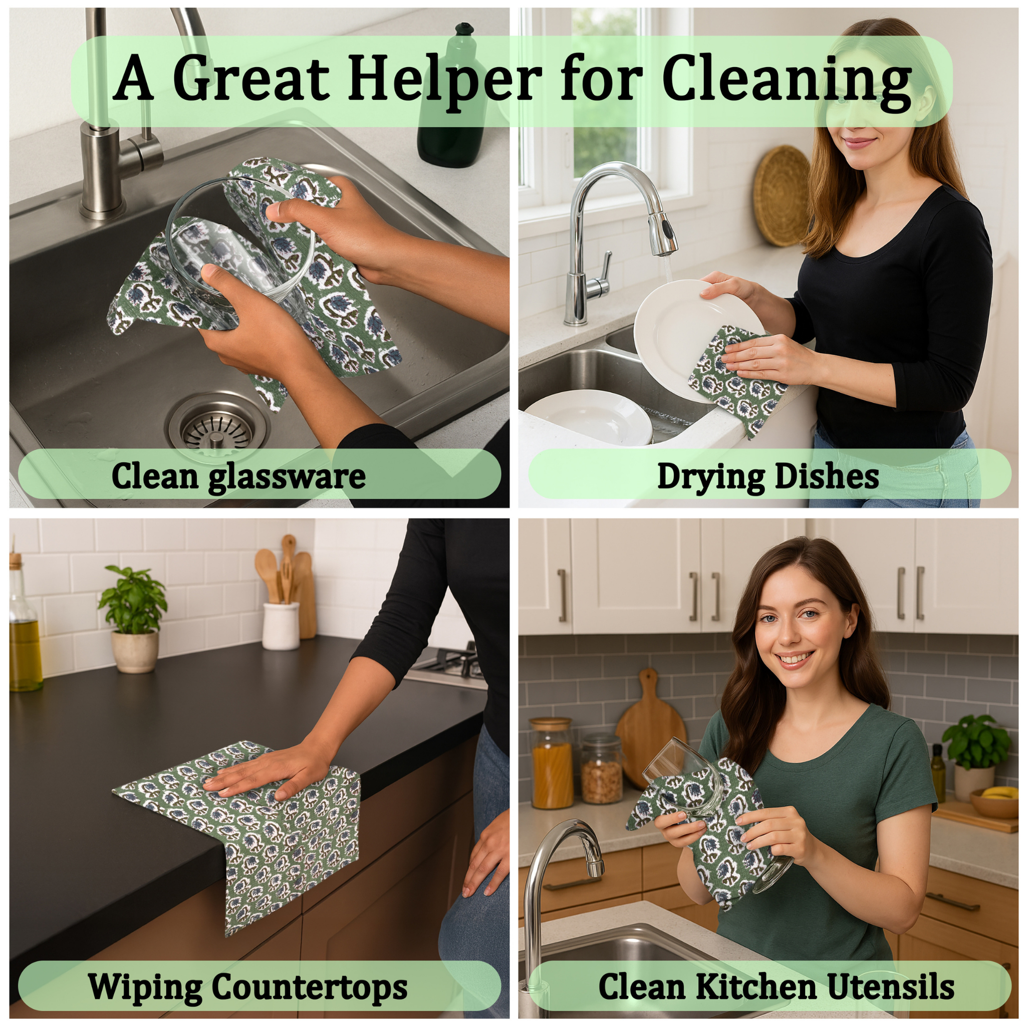 Woman using a dish cloth to clean glassware, dry dishes, wipe countertops, and clean kitchen utensils in a kitchen setting.