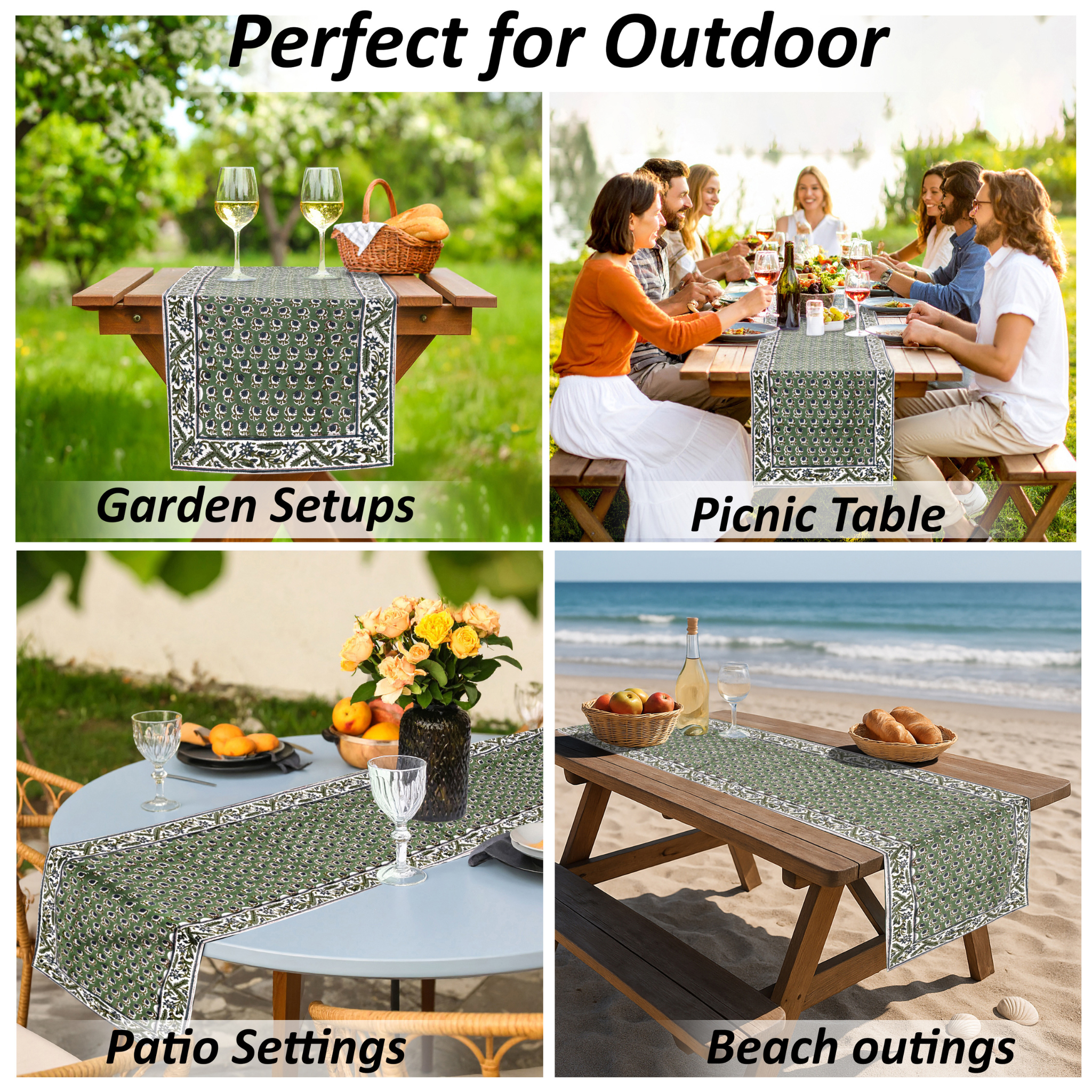 Table runner used in various outdoor settings including garden, picnic, patio, and beach.