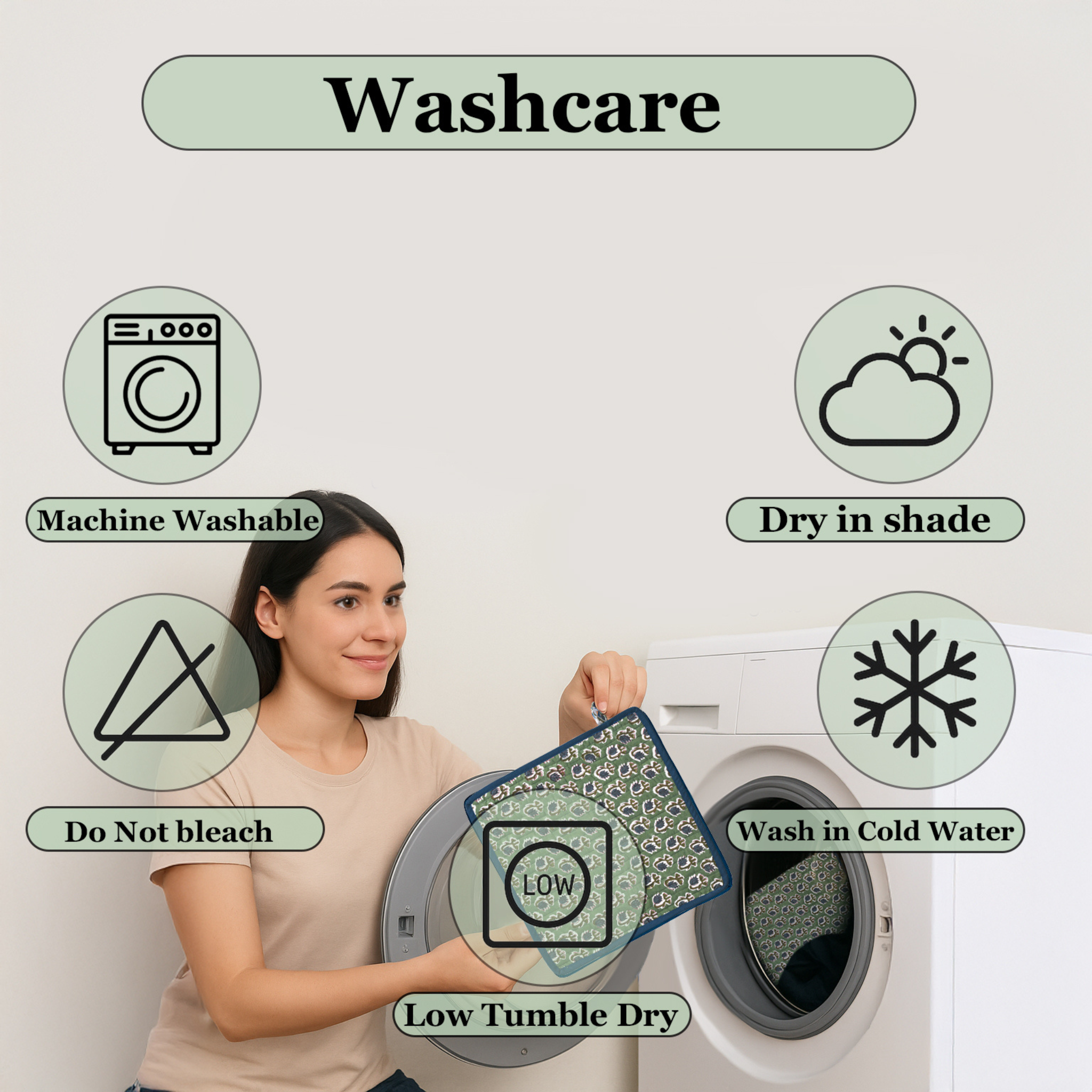 Woman holding a fabric with washing instructions displayed around her.