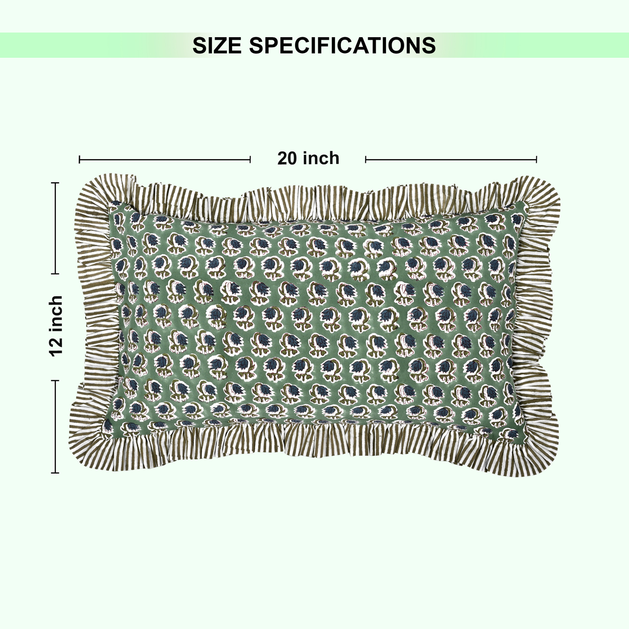 Rectangular pillow with pattern and fringe details, shown with size specifications on a white background.