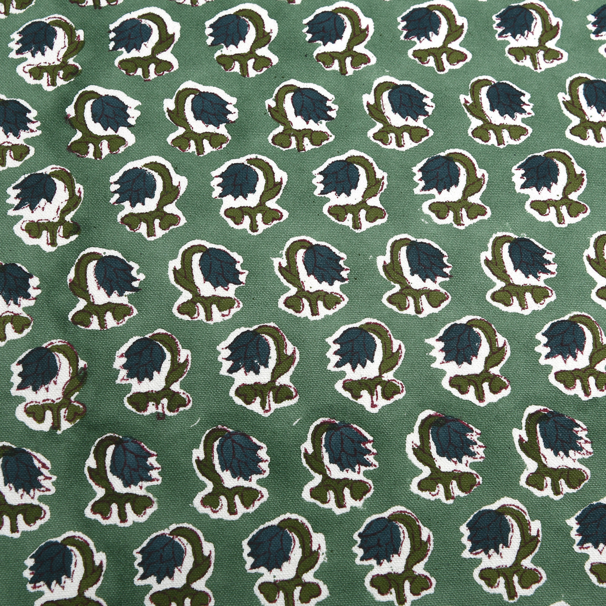Patterned fabric with blue and green design on a green background
