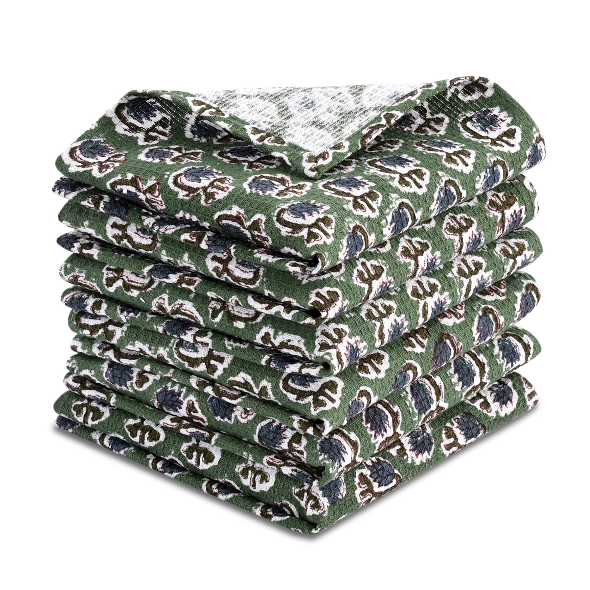 Stack of green patterned dish cloths on a white background