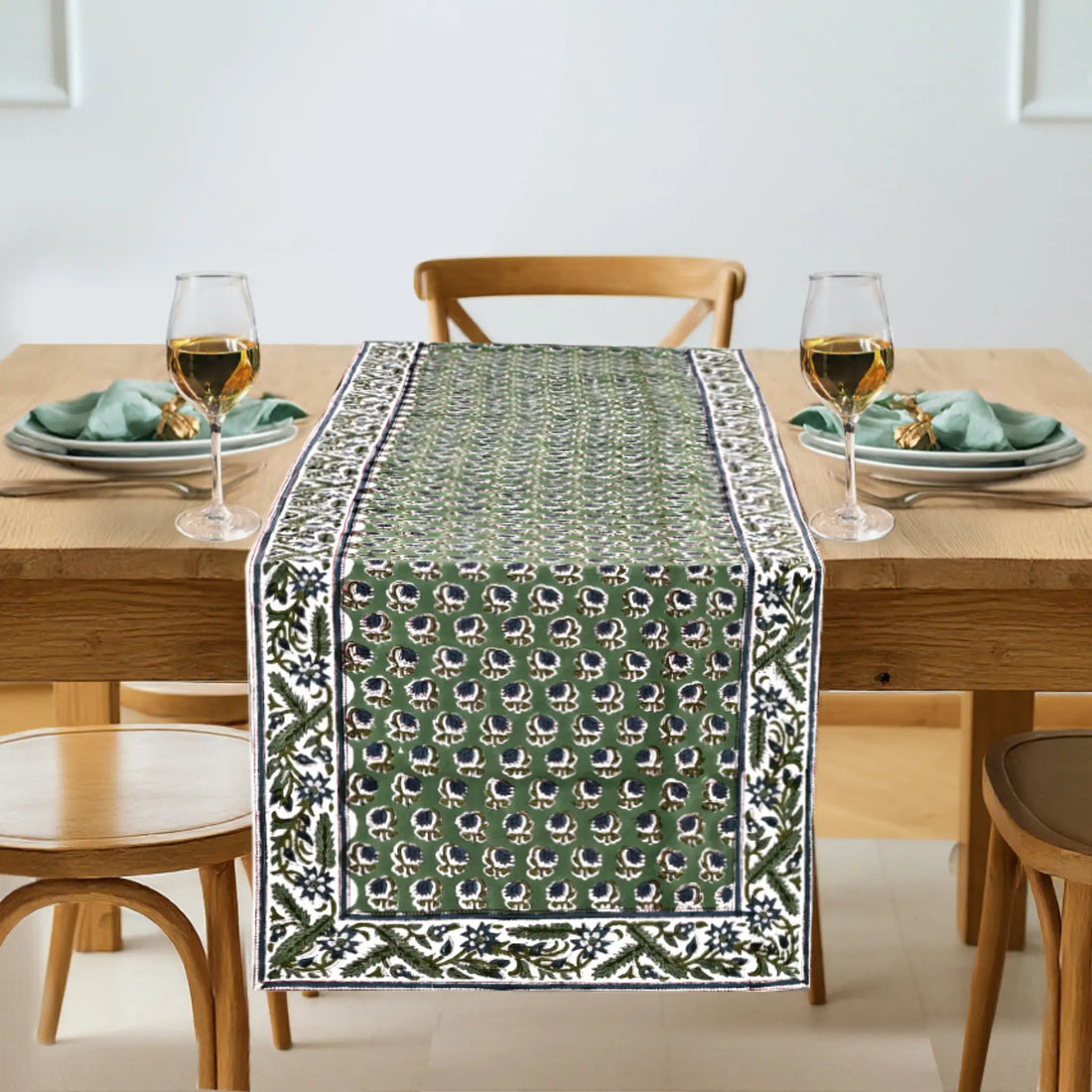 100% Cotton Handmade Table Runners | Block Printed - Basil Green