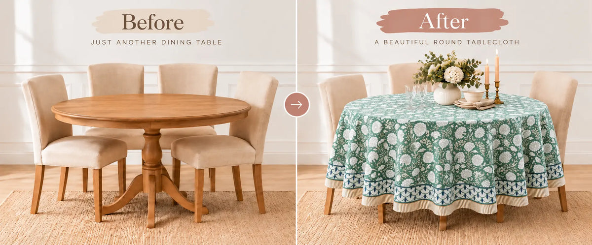 Before and after with a Ridhi hand block printed round tablecloth