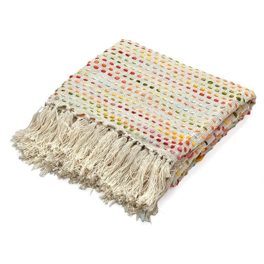 Multicolored woven blanket with fringe on a white background