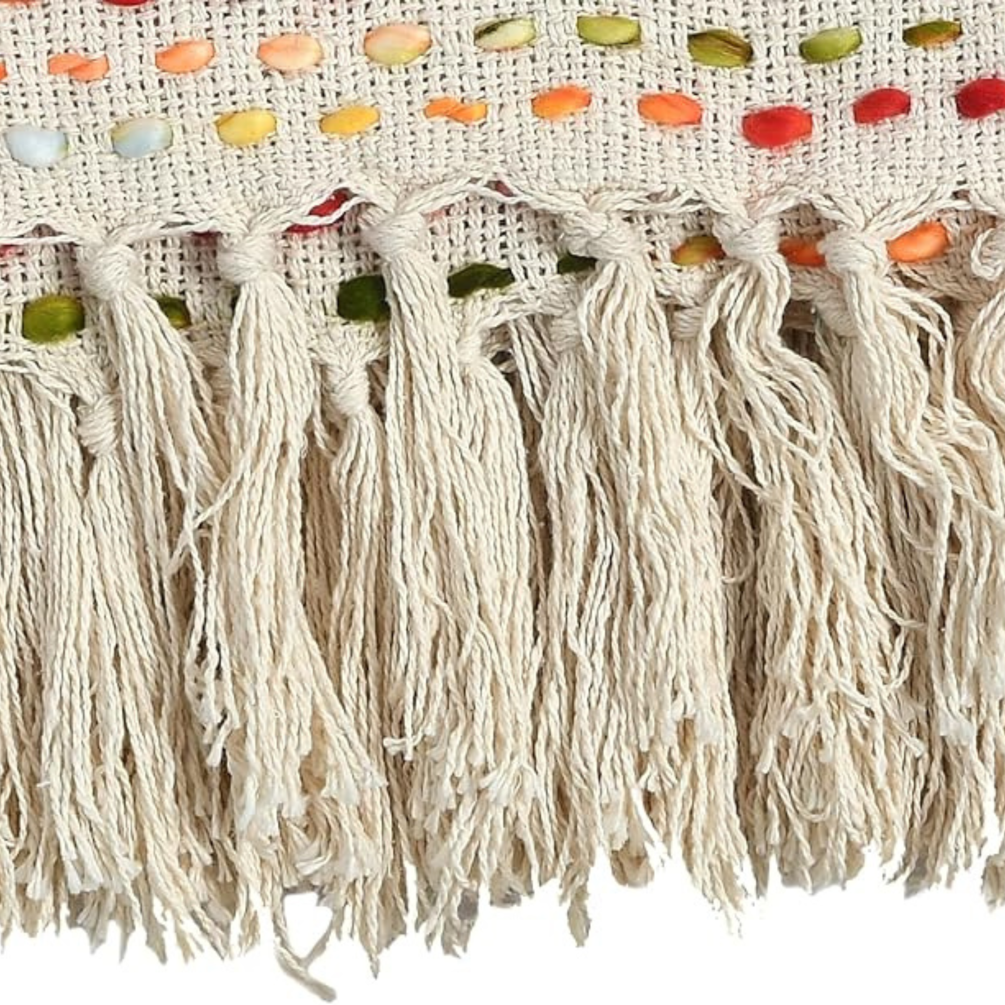 Close-up of a textured fabric with colorful beads and tassels on a white background