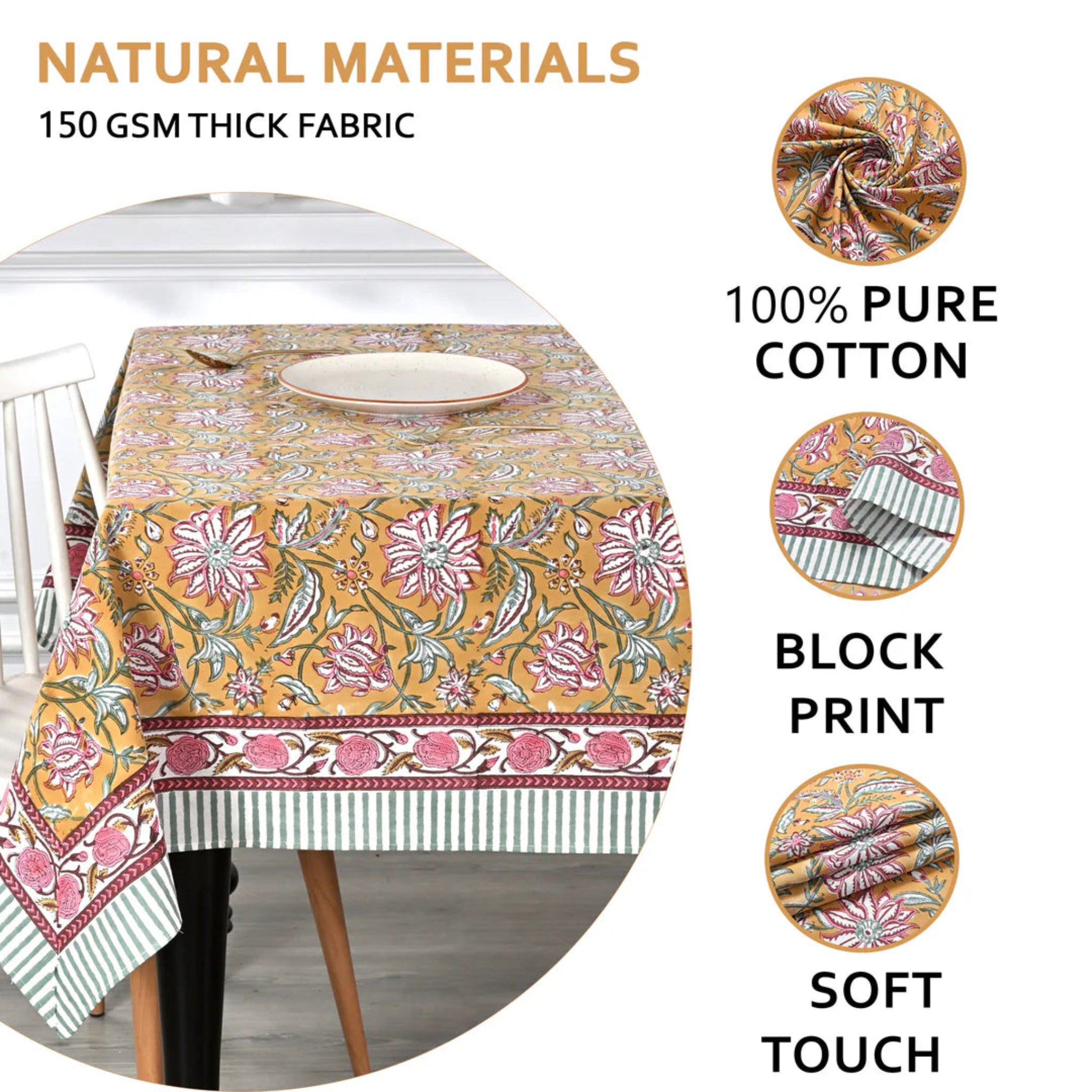 Floral patterned tablecloth on a table with text highlighting natural materials and features.