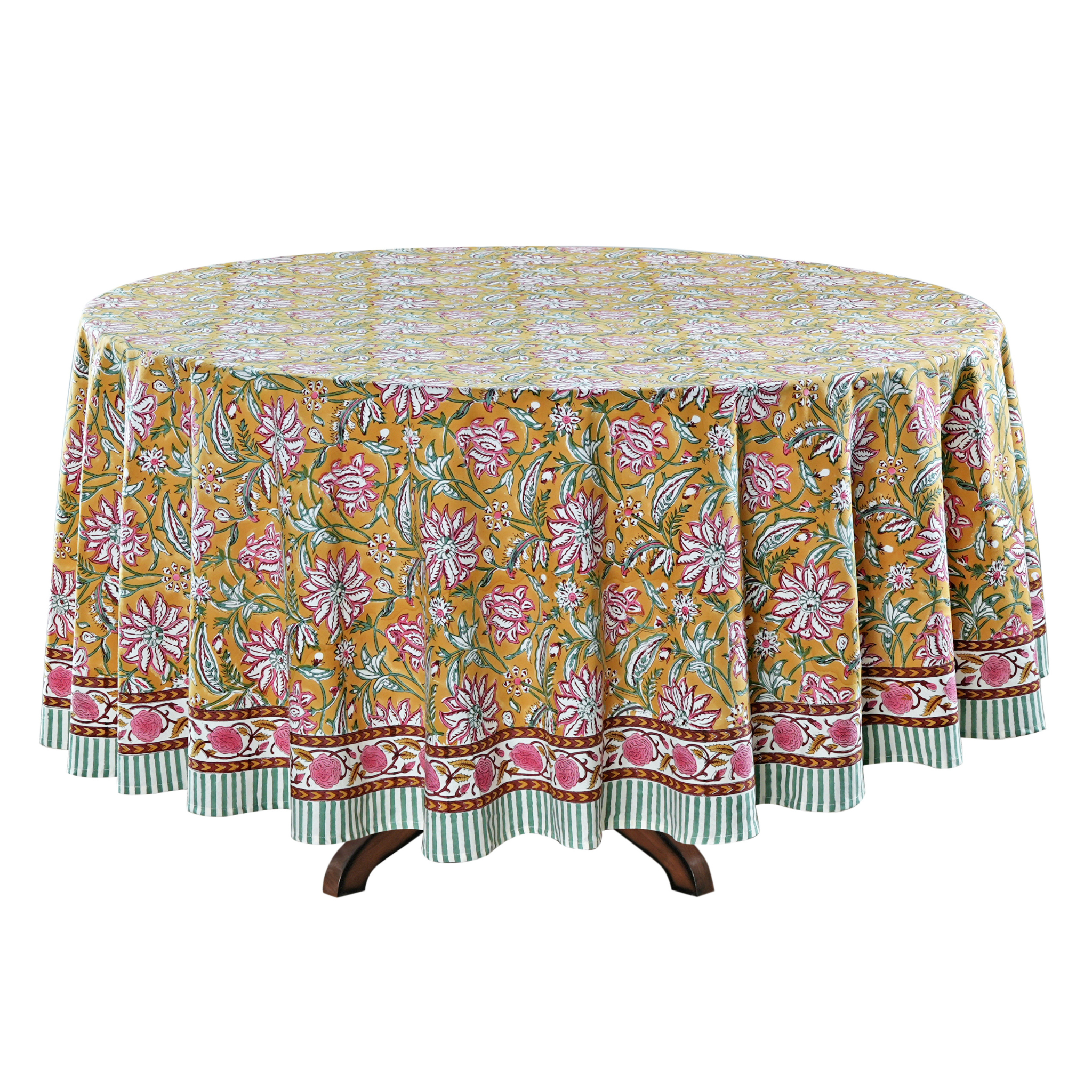 Floral patterned tablecloth on a round table with a white background