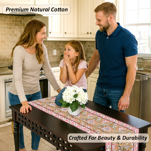 Family in a kitchen with a decorative table runner featuring white flowers.
