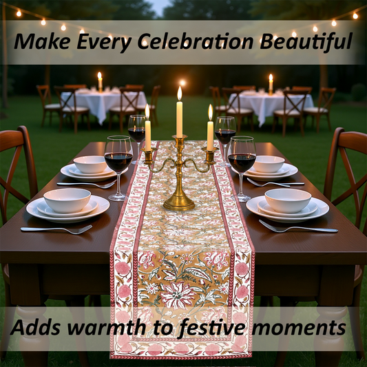 Dining table set with a decorative table runner, candles, and wine glasses outdoors.