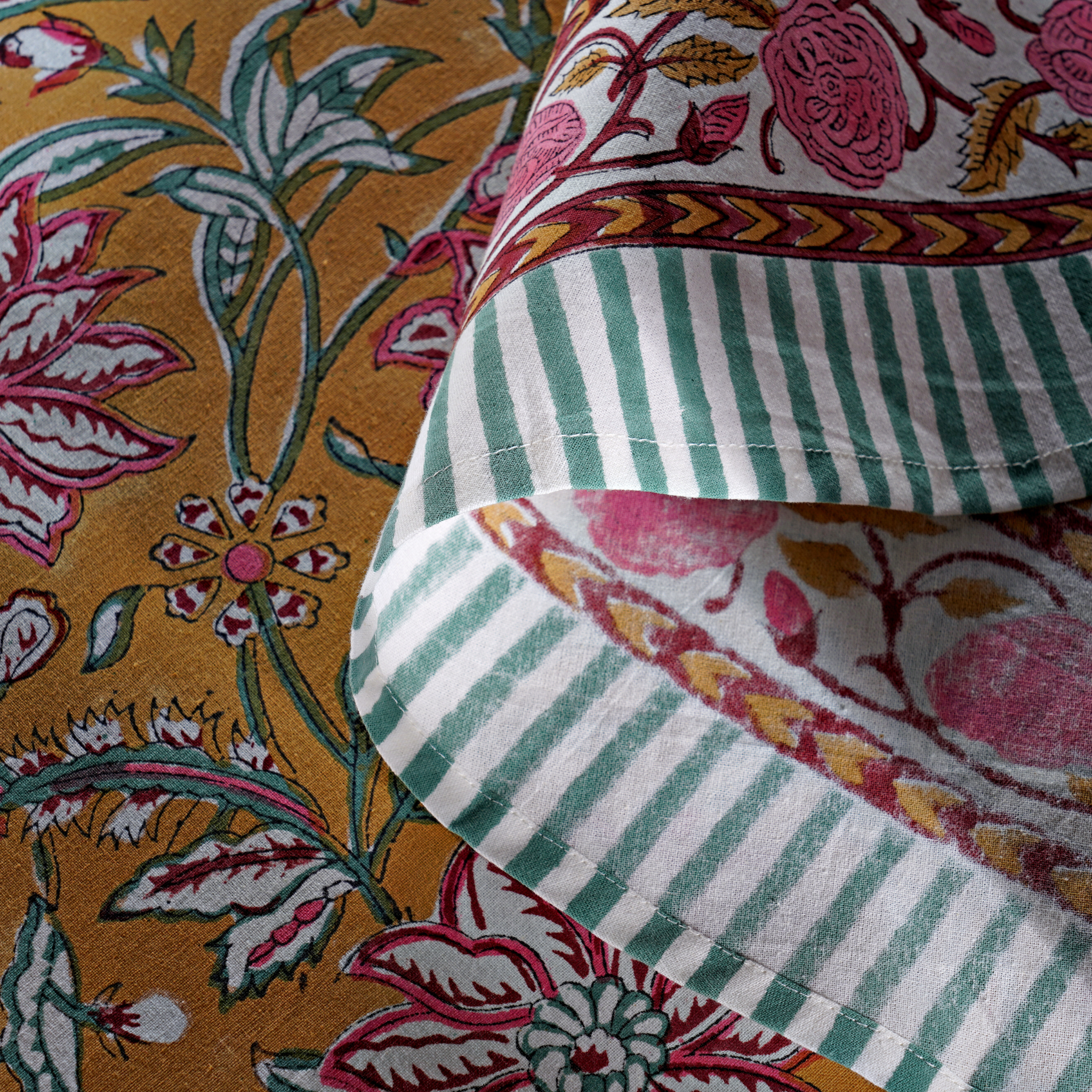 Close-up of floral and striped fabric patterns