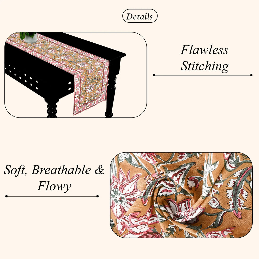 Table runner with floral pattern on a table, highlighting 'Flawless Stitching' and 'Soft, Breathable & Flowy' qualities.