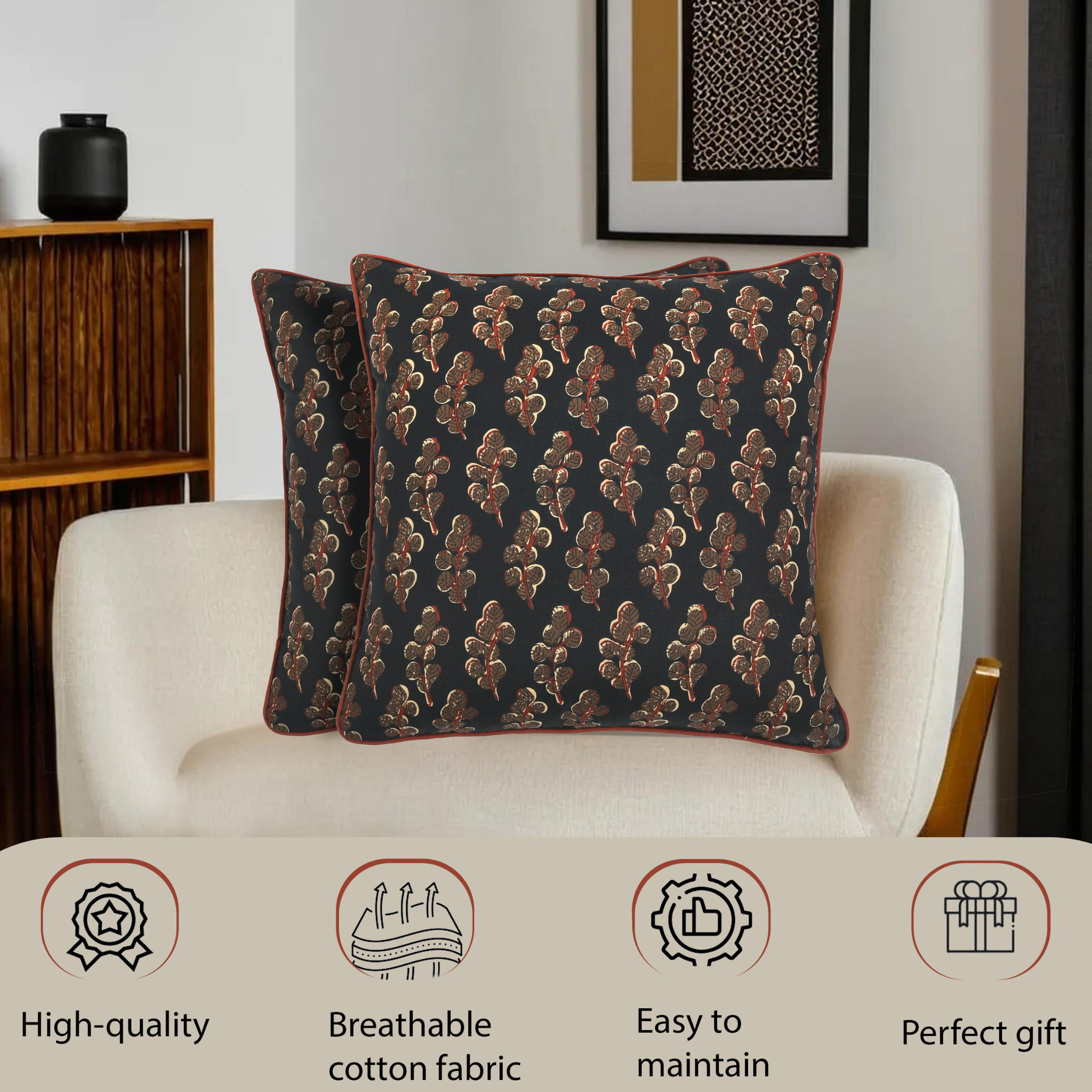 Two patterned cushions on a white armchair with lifestyle background