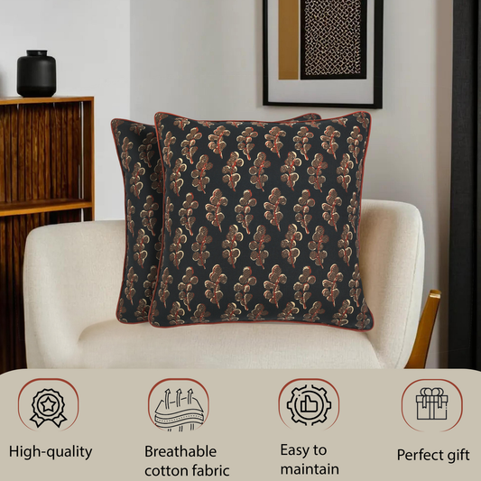 Two patterned cushions on a white armchair with lifestyle background