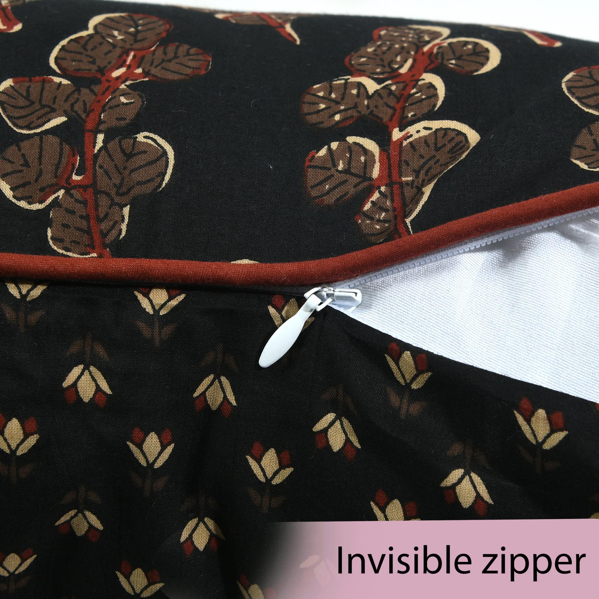 Fabric with a floral pattern and an invisible zipper on a black background