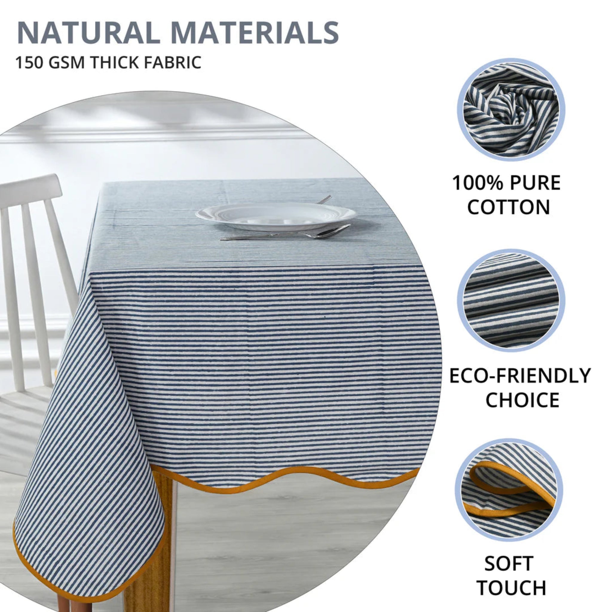 Tablecloth with blue and white stripes on a table, featuring text about natural materials and product features.