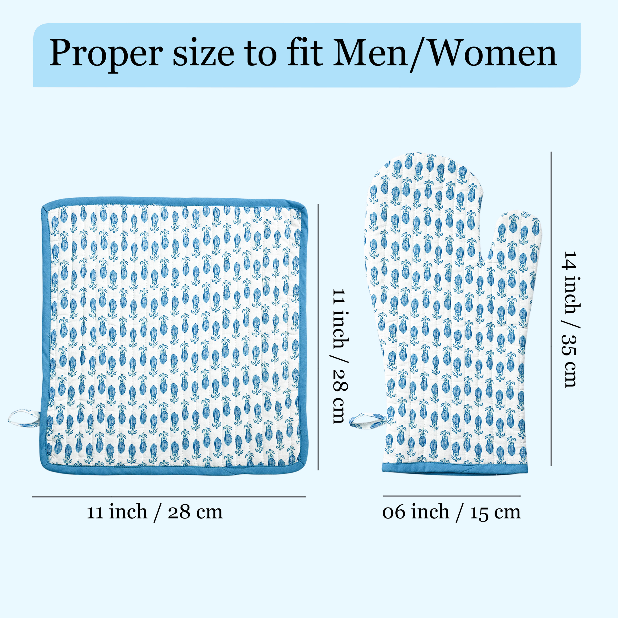 Measurement chart showing a blue and white patterned pot holder and oven mitt with dimensions on a light blue background.