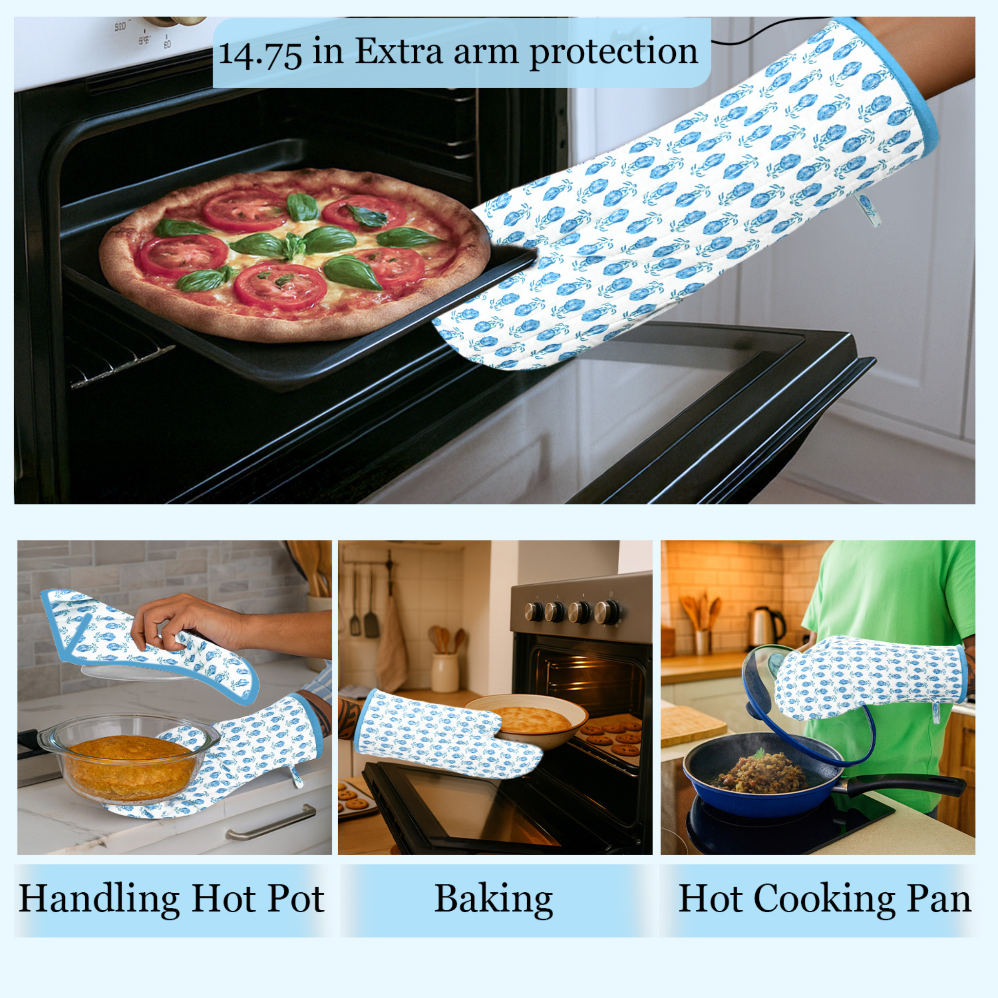 Oven mitt with blue floral pattern being used to handle hot items in a kitchen setting.