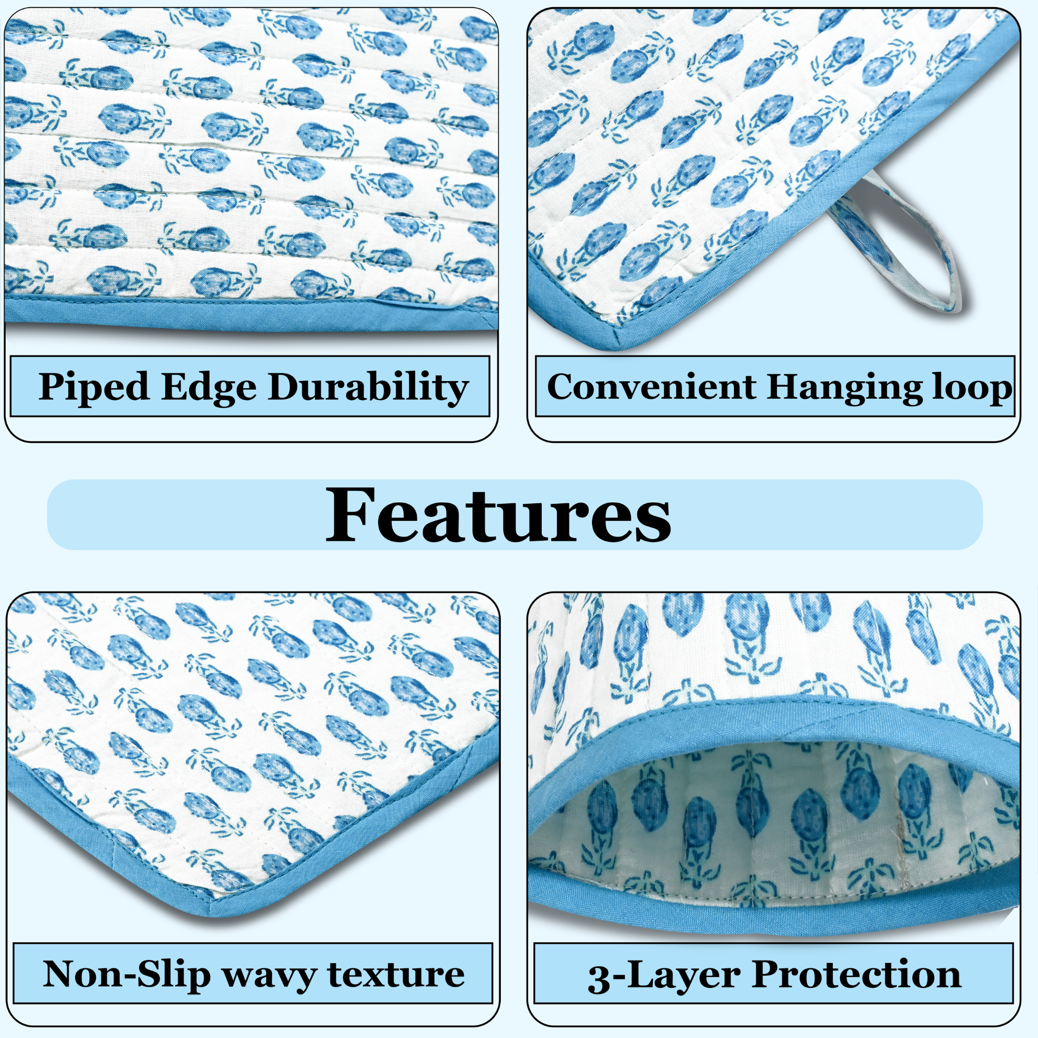 Product features with text labels on a blue and white background