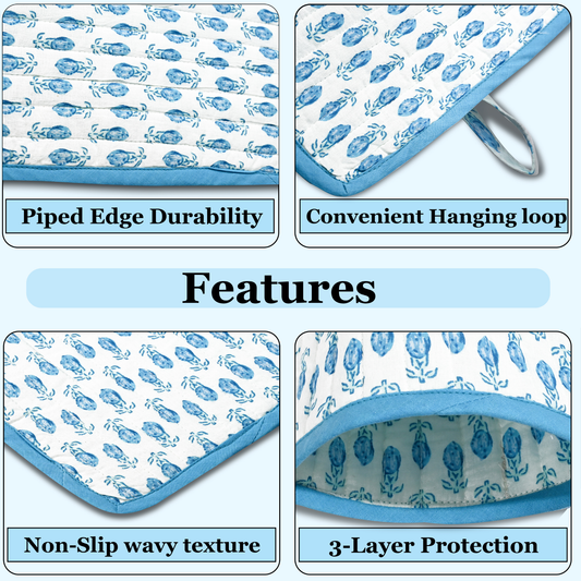 Product features with text labels on a blue and white background