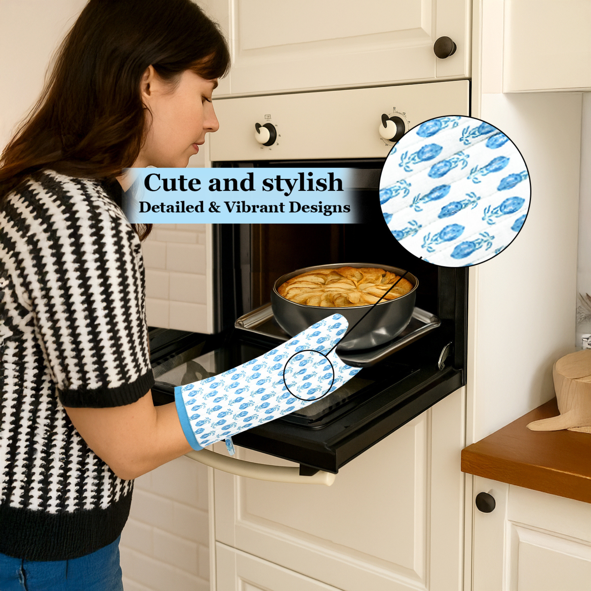 Woman wearing a blue patterned oven mitt while cooking, with an inset showing the design.
