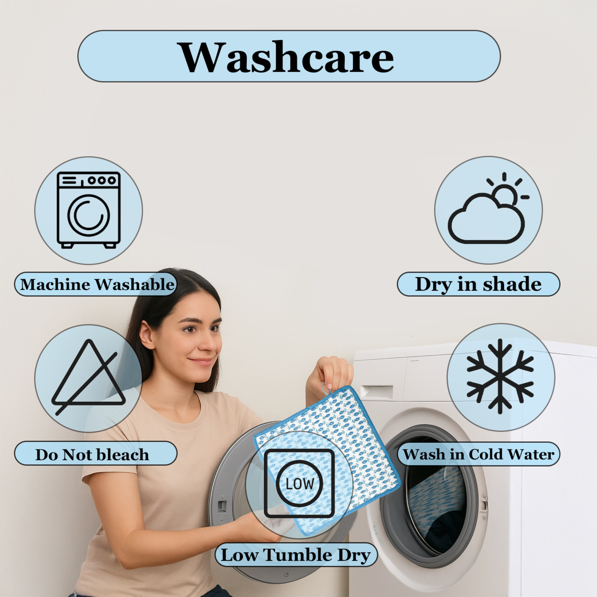Woman holding a fabric with washing care symbols around her, including machine washable, dry in shade, do not bleach, wash in cold water, low tumble dry.