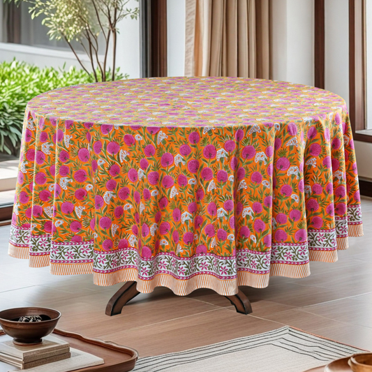 Round table with a colorful floral tablecloth in a room with plants and curtains.