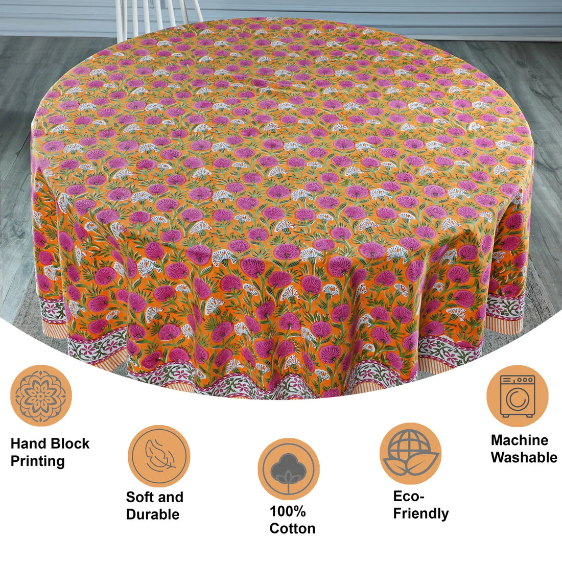 Floral patterned tablecloth on a round table with features listed below.