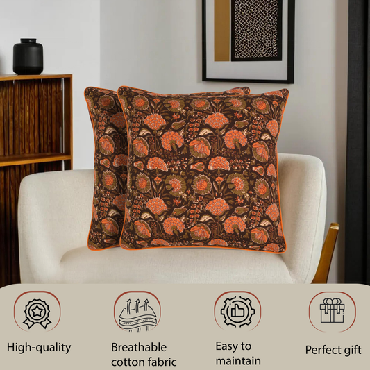 Decorative pillows with floral pattern on a white armchair, with icons and text describing features.