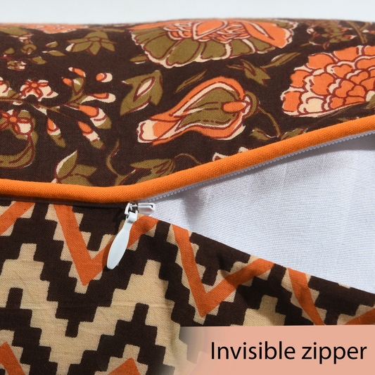 Close-up of a fabric with a floral and geometric pattern and an invisible zipper.