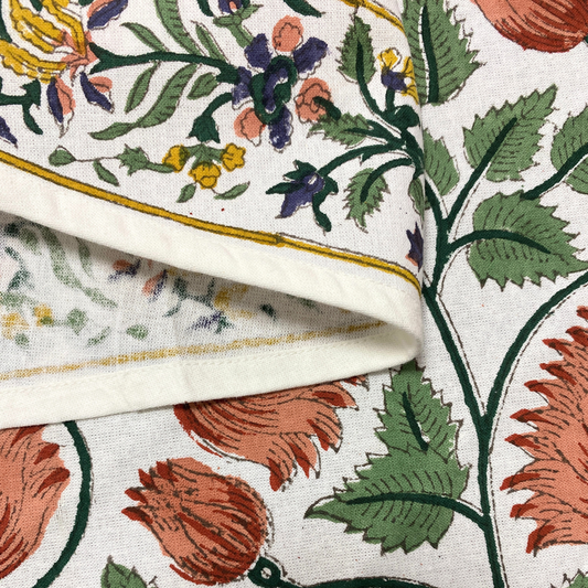 Close-up of floral and leaf patterned fabric with a white background