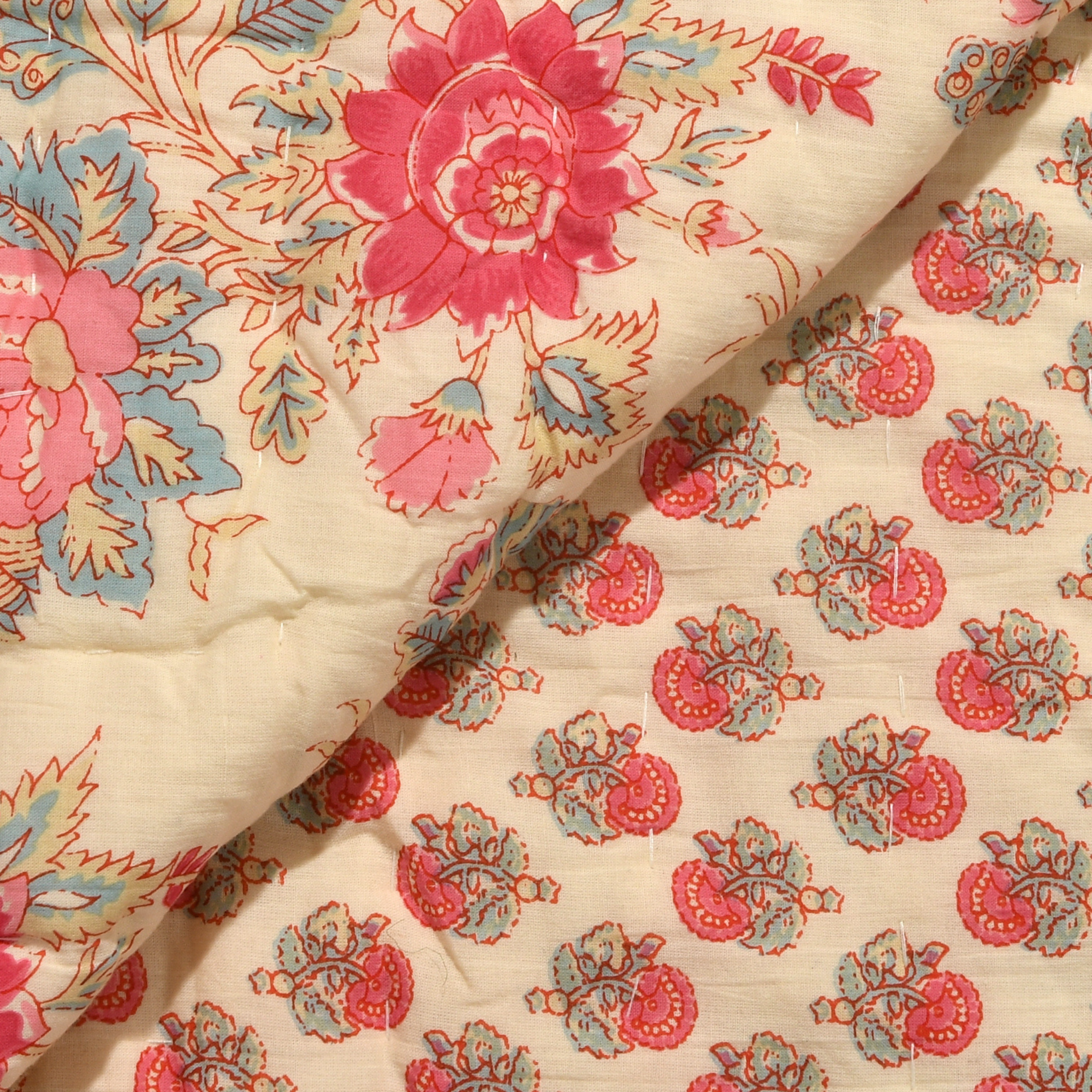 Floral patterned fabric with pink and blue flowers on a beige background