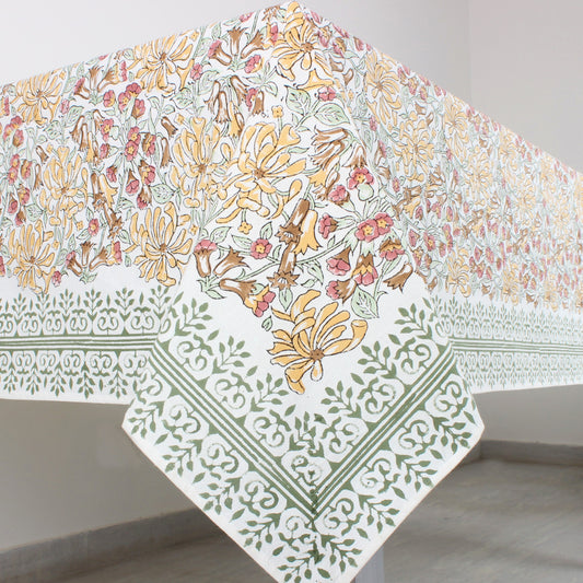 Floral patterned tablecloth on a white table