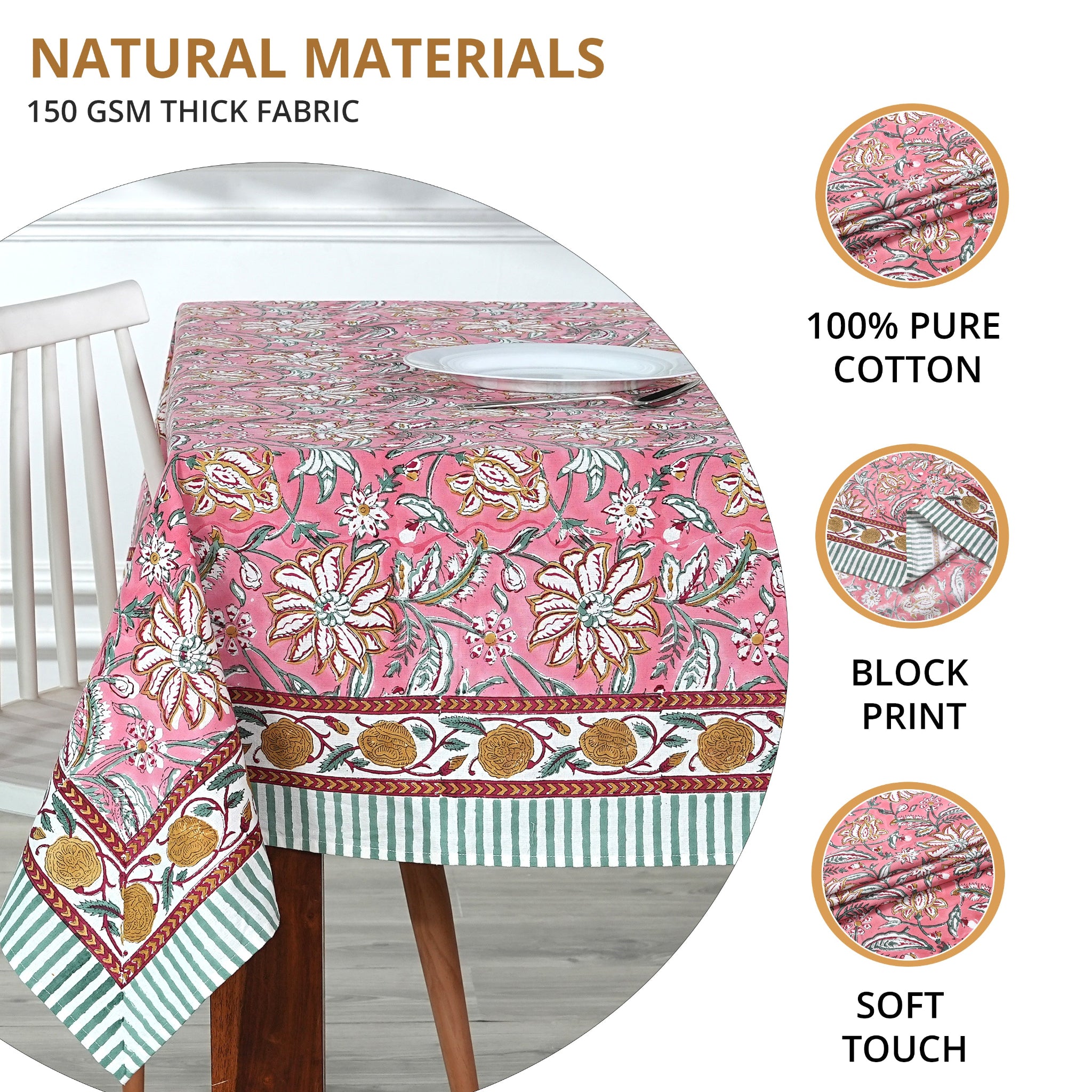 Floral patterned tablecloth on a table with text highlighting material properties.