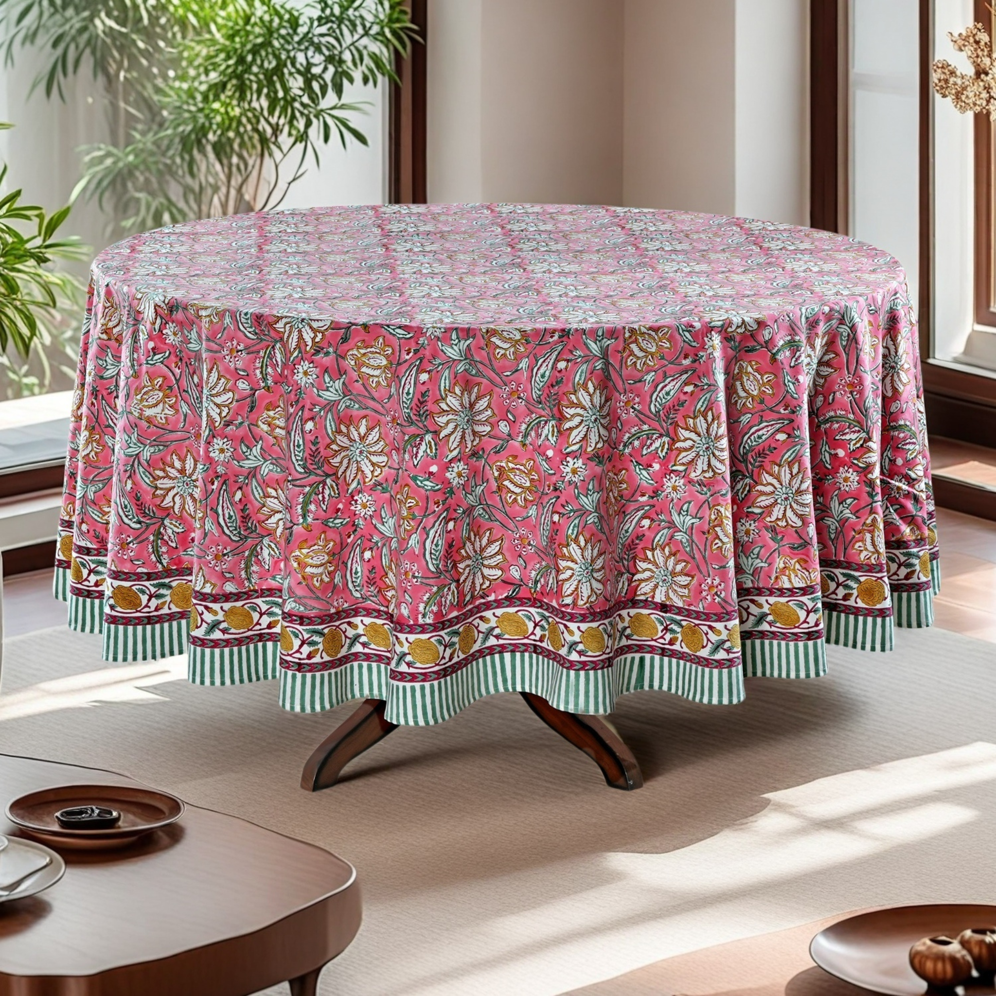 Round table with a floral patterned tablecloth in a bright room with plants.