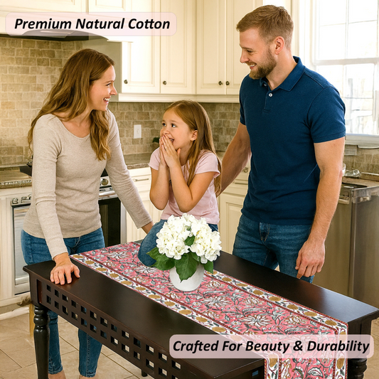 Family in a kitchen with a decorative table runner, emphasizing premium natural cotton and beauty & durability.