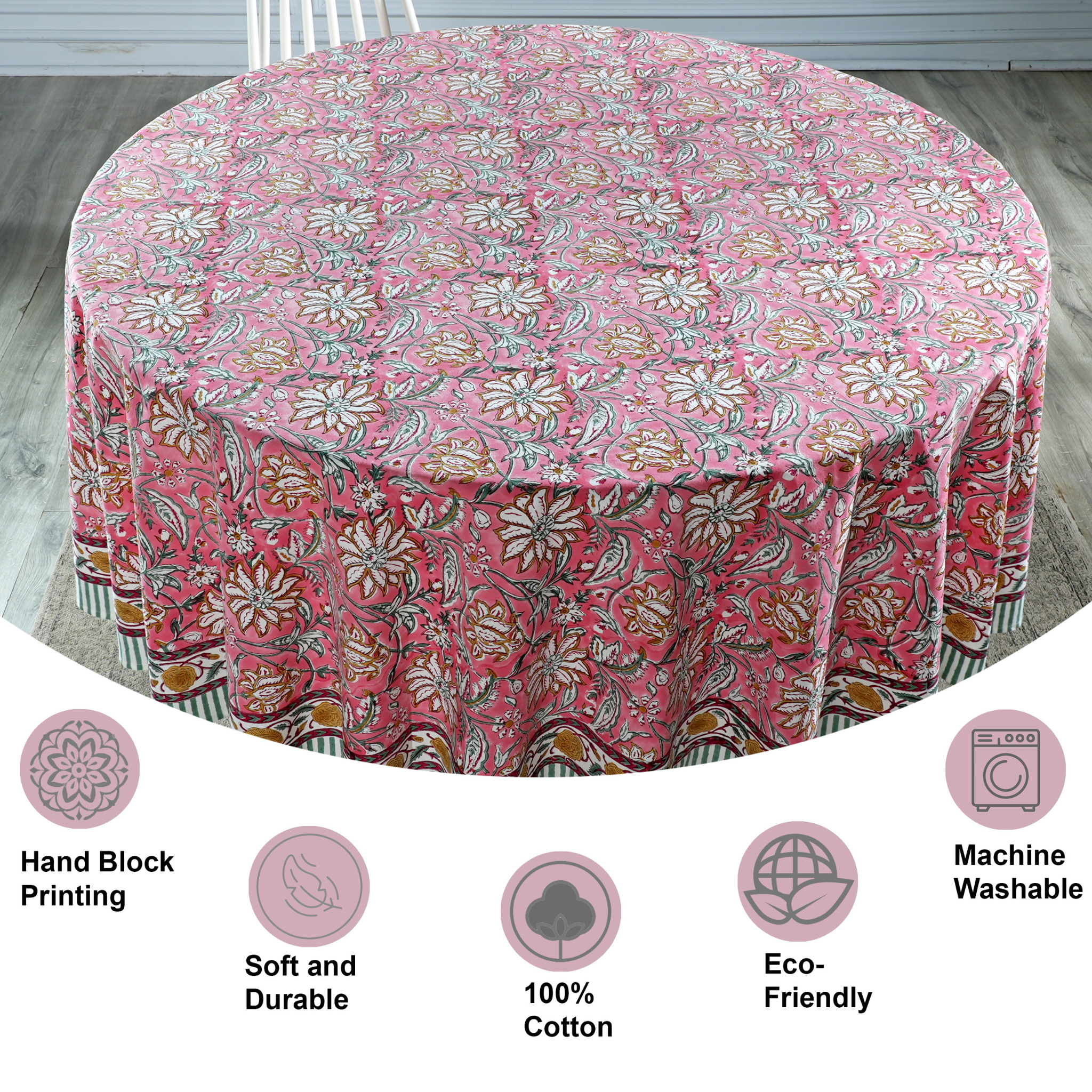 Floral patterned tablecloth on a round table with features highlighted.