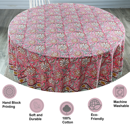 Floral patterned tablecloth on a round table with features highlighted.