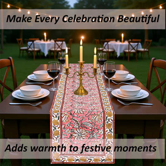 Dining table set with a decorative table runner, candles, and wine glasses outdoors.