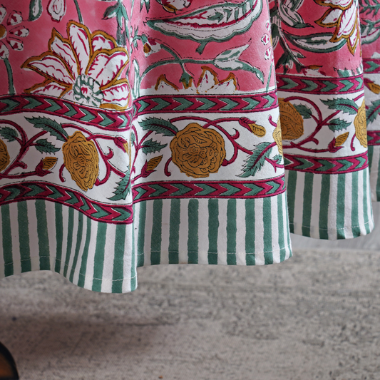 Close-up of a fabric with floral and striped patterns on a textured surface.