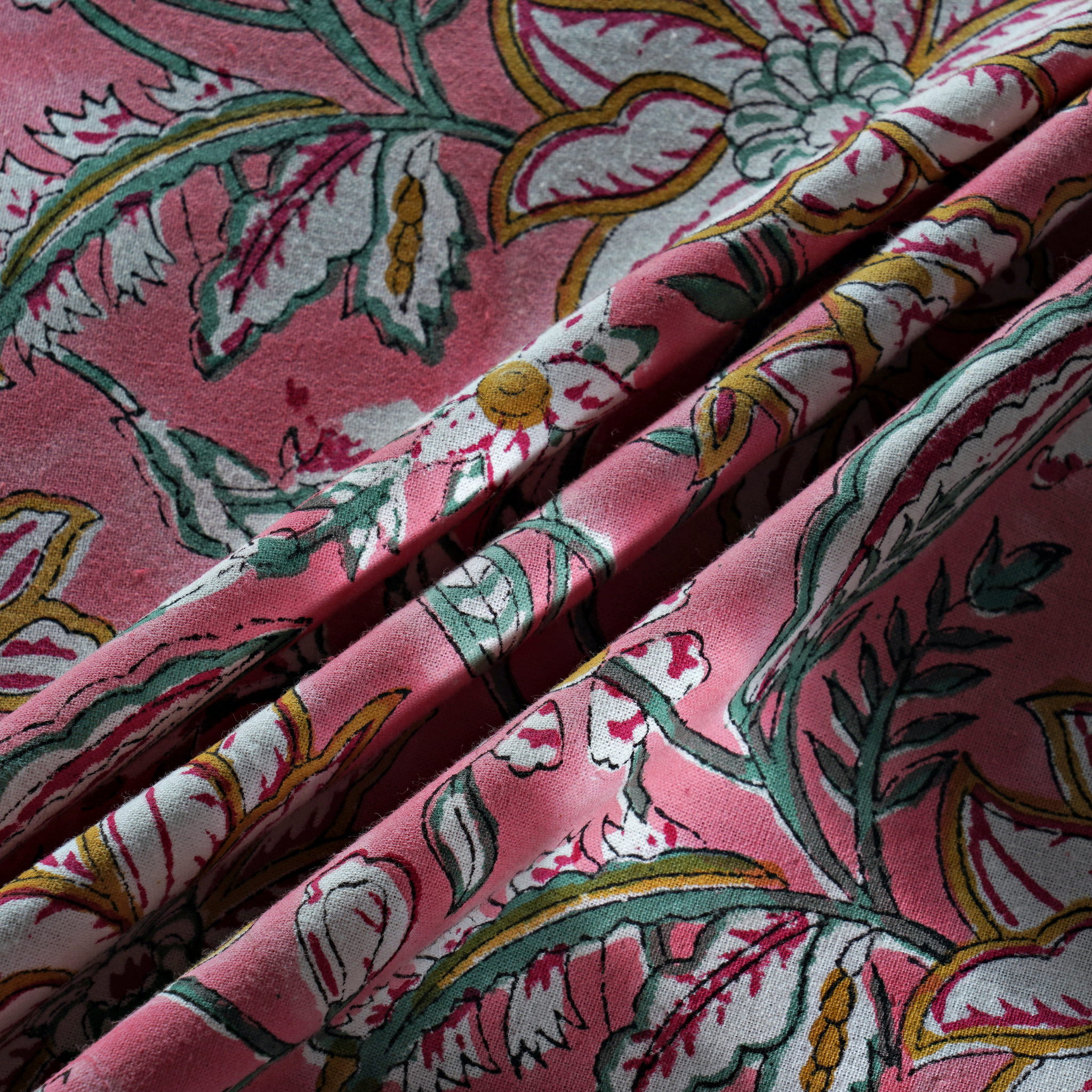 Close-up of pink floral fabric with intricate patterns