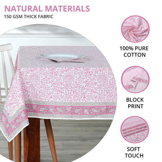 Pink and white patterned tablecloth on a table with natural materials text and icons.